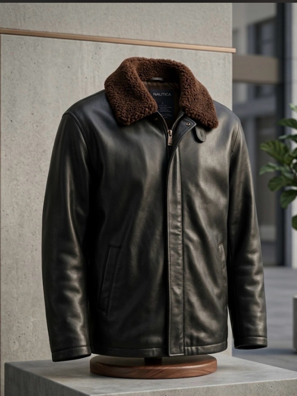 VTG Nautica Classic Leather Men’s Shearling Collar Zip Black Leather Jacket XXL